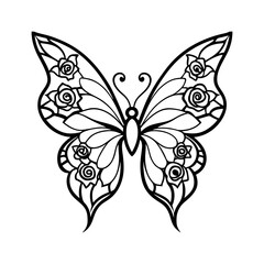 This is a beautiful black and white line art illustration of a butterfly, where one half of the butterfly's wings is formed by intricate floral designs