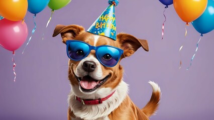 Smiling Dog Wearing Birthday Hat and Sunglasses Celebrates with Balloons