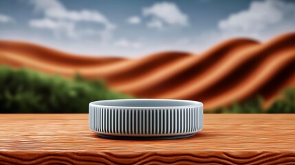 Modern circular device on wooden table with serene landscape of rolling hills in the background