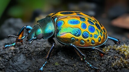 Fototapeta premium Close-up of a vibrant iridescent beetle with blue, green, and yellow patterns on its shell, perched on dark ground.
