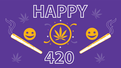 Happy 420 day vector illustration background. happy 420 celebrated every year on April 20. Banner design with marijuana or cannabis plant symbol pattern, cannabis cigarette icons and text.
