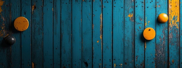 A blue and yellow background with three round objects on it