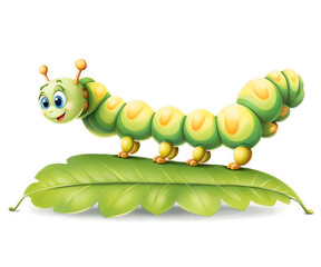 Delightful illustration showcasing a charming caterpillar with a cheerful smile, gracefully moving across a vibrant green leaf in a whimsical garden scene