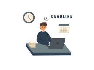 Worried man rushing to meet deadline on computer. Suitable for stress, work, pressure, time management concepts in business or education.