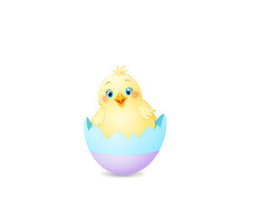 Delightful illustration showcasing a cheerful chick emerging from a vibrant pastel eggshell, radiating innocence and springtime joy in a minimalist composition
