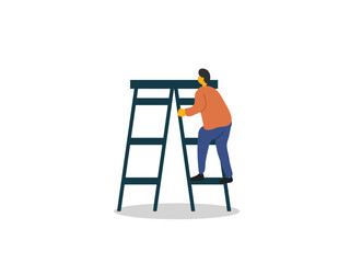 Person ascending ladder isolated on white, suitable for career development, progression, growth concepts in presentations, websites, and print materials.