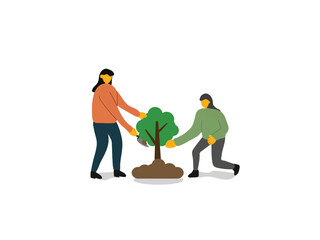 Two people planting a young tree together. Suitable for environmental conservation, teamwork, gardening, sustainability, growth concepts. Nature, ecofriendly, partnership.