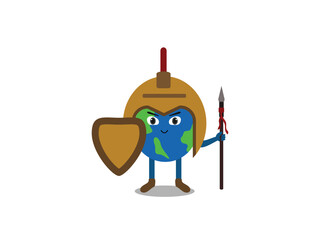 Earth character in helmet, shield, spear. Ideal for conservation campaigns, environmental protection promotions, geology and earth science education materials.