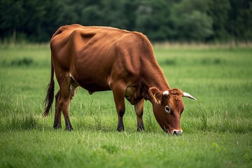Brown and white cows, gentle mammals and cattle, graze on the green grass of a rural pasture in the summer field