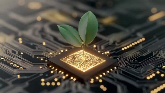Eco-Tech Innovation: A verdant sprout springs forth from the heart of a circuit board, a striking visual metaphor for the fusion of technology and environmental stewardship.