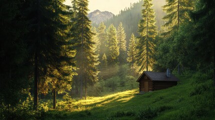 Secluded Cabin in a Sunlit Forest