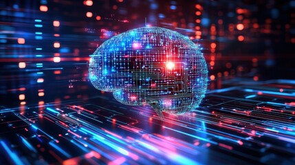 A cybernetic brain with digital circuits and light trails illustrating the rapid processing of data flow
