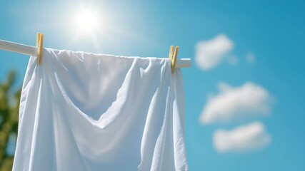 Fresh Linen, Soaking up the Sun: Freshly laundered linen dries in the bright sunshine against a vivid blue sky, evoking a sense of purity and the simple joys of a perfect day. - Powered by Adobe