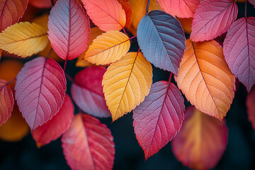Obraz premium Autumn Foliage: A close-up of a mix of colorful autumn leaves, showcasing the rich reds, oranges, and yellows, capturing the essence of the fall season