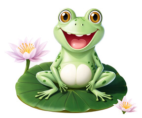Delightful Kawaii Frog Illustration, A Cheerful Amphibian Sitting on a Lily Pad Surrounded by Water Lilies, Spreading Joy and Whimsy with its Bright Smile
