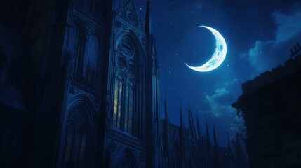 Obraz premium Gothic Cathedral Under Crescent Moon: A Nighttime Architectural Marvel