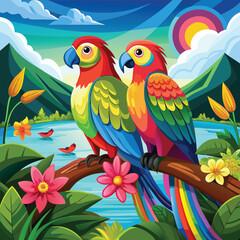 Fototapeta premium full length airbrush painting of a two love parrot.