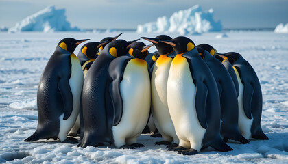 Fototapeta premium Penguin huddle on icy landscape