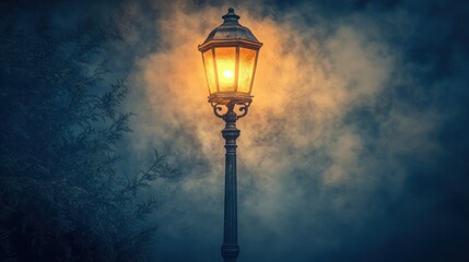 Night's Solitude: A Glowing Streetlamp in Misty Darkness