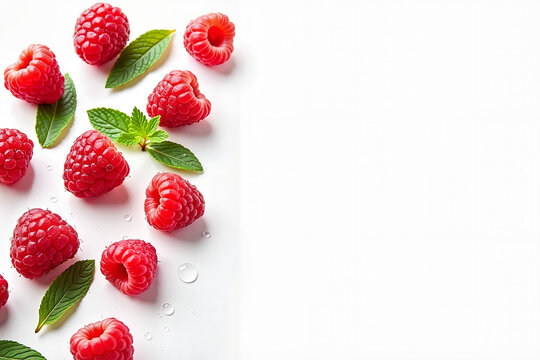 Summer berry composition with raspberries and mint on white background and space for text