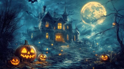 A dark and eerie Halloween night with a full moon, spooky haunted house, and glowing jack-o'-lanterns lighting up the pathway.