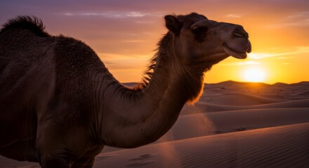 Camel silhouette portrait against a golden desert sunset in the desert lands