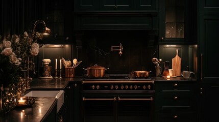A dark and moody kitchen with deep green cabinets, copper cookware, and candlelight creating an elegant and intimate ambiance.