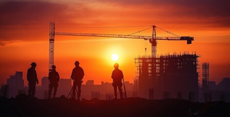 Silhouettes of construction workers and survey engineer at building site with cranes and sunset lighting