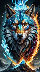 Stylized Wolf Portrait with Fire and Ice Digital Art Illustration