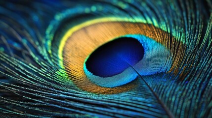 Naklejka premium Close-up of a vibrant peacock feather, showcasing its iridescent blues, greens, and golds.