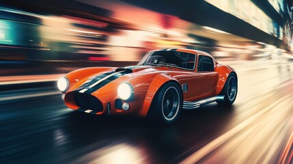 Obraz premium Orange Classic Sports Car Speeding Through City at Night
