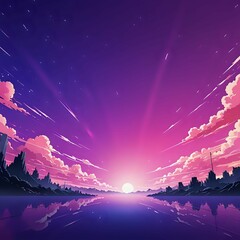 Sunset Reflection on Calm Water with Pink Clouds and Shooting Stars