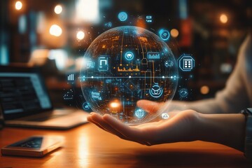 Futuristic digital globe with AI 5G IoT icons holographic interface technology innovation network connection