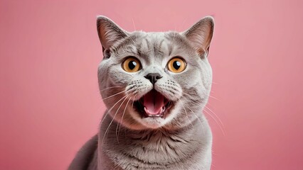 Surprised Gray Cat with Open Mouth on Pink Background Portrait