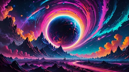 Surreal Planetscape with Glowing Planet and Colorful Sky Abstract