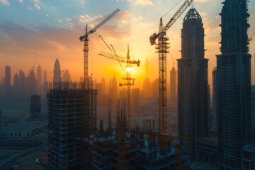 Dubai Skyline Construction at Sunset, Golden Hour Panorama