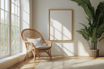 Interior boasts a rattan chair artwork and tropical plant