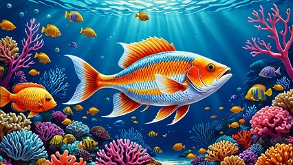 Swimming Fish in Vibrant Coral Reef Undersea Colorful Marine Life Scene
