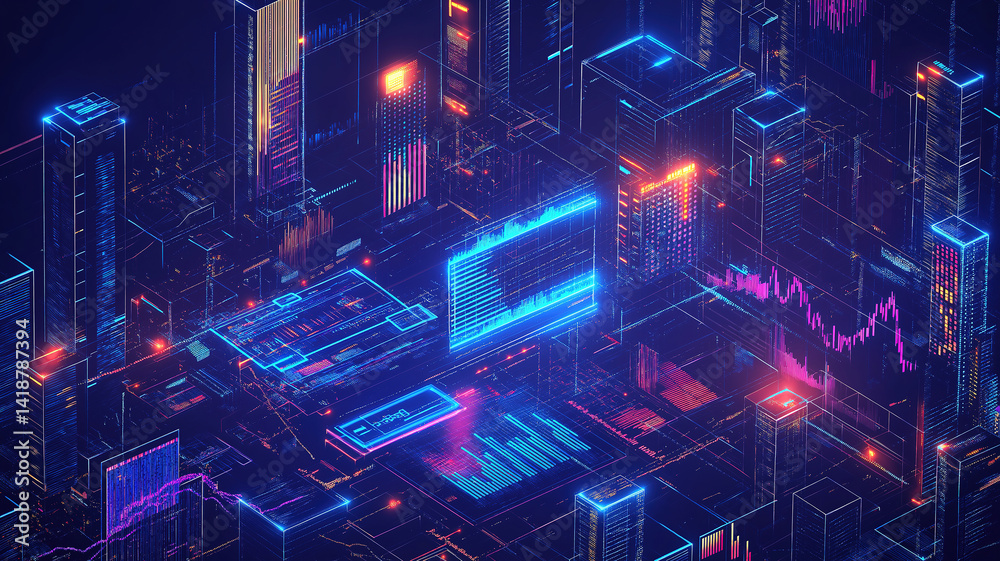Wall mural business environment in isometric view with advanced online trading tools and digital technology int