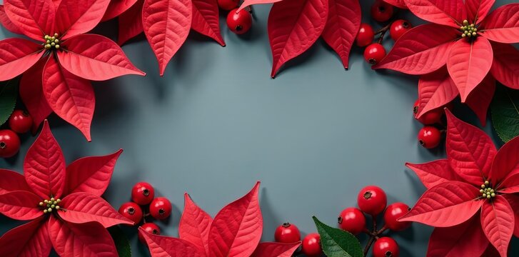 Close-up of vibrant red poinsettia leaves with berries on gray, winter, Christmas, floral