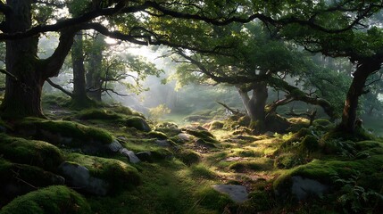 Fototapeta premium Sunlight filtering through misty woodland