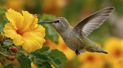 Fototapeta premium A hummingbird rapidly flapping its wings hovering near a flower - agile flight bird