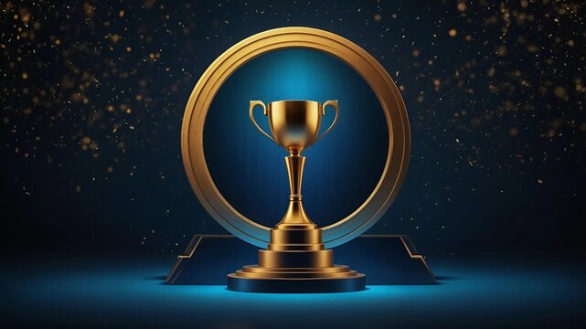 Golden trophy award on a glowing blue background  
