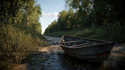 Abandoned wooden boat on a muddy path through forest