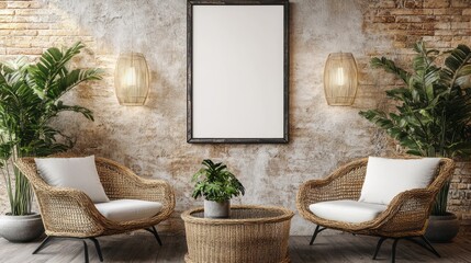 Living room featuring rustic furniture and plants with blank frame