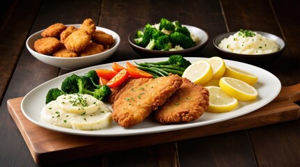 A delicious meal display featuring crispy breaded cutlets, creamy mashed potatoes, vibrant broccoli, carrots, and fresh tomatoes on a dark wooden table