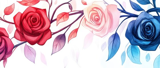 Watercolor Roses in Red, Pink, and Blue