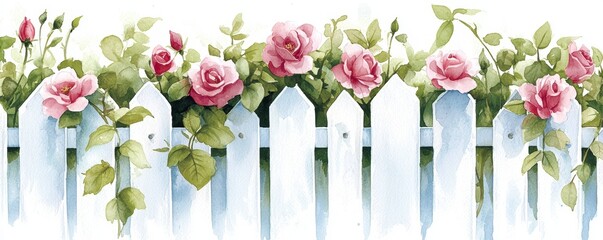 Obraz premium Pink Roses Over White Picket Fence