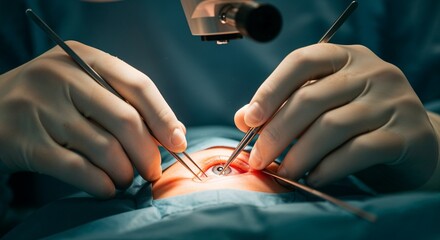 Surgical hands performing delicate procedure in operating room  