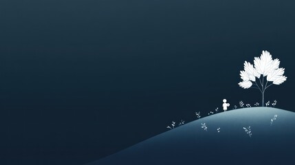 Naklejka premium Abstract figures walk to tree on hill under dark blue sky with flowers blooming